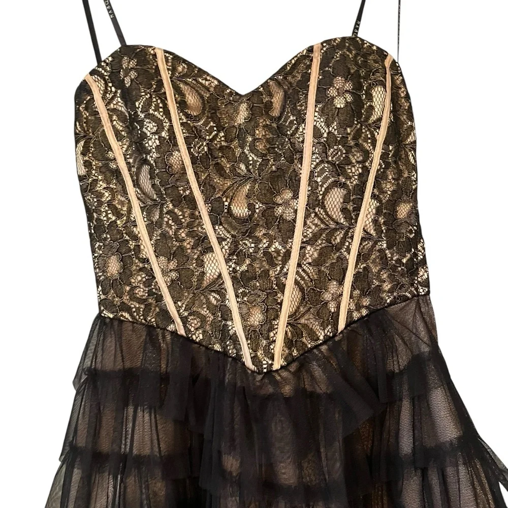 Vintage 90s Masquerade Strapless Black Gold Tiered Tulle Tutu Skirt Dress,Sz 5/6 - Picture 9 of 15
